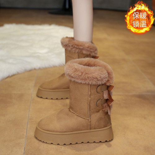 東北中筒雪地靴女冬季加絨加厚防滑棉鞋厚底皮毛一體白色高幫短靴