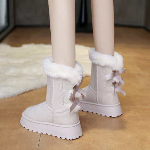 東北中筒雪地靴女冬季加絨加厚防滑棉鞋厚底皮毛一體白色高幫短靴