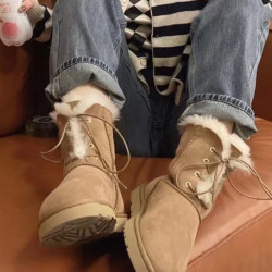 姬麗美人加絨加厚短靴系帶2024冬季新款短筒棉鞋保暖百搭雪地靴女