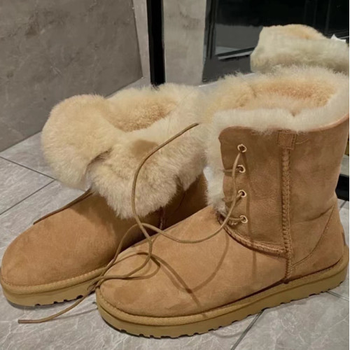 姬麗美人加絨加厚短靴系帶2024冬季新款短筒棉鞋保暖百搭雪地靴女