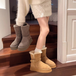 大碼女靴41到43胖腳寬肥厚底皮毛一體高筒雪地靴女加絨保暖短棉靴