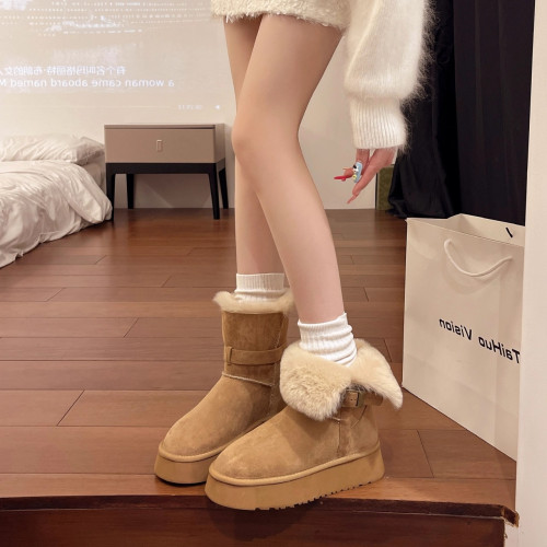 大碼女靴41到43胖腳寬肥厚底皮毛一體高筒雪地靴女加絨保暖短棉靴