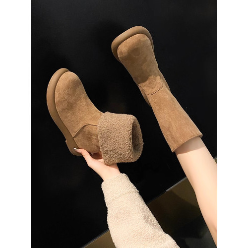 歐貨爆款純皮兩穿繙邊平跟中筒靴女冬繙毛真皮加絨雪地靴保暖棉靴