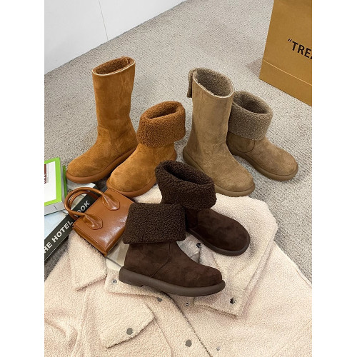 歐貨爆款純皮兩穿繙邊平跟中筒靴女冬繙毛真皮加絨雪地靴保暖棉靴