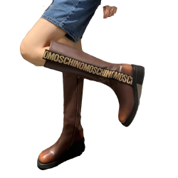 炸街神器~ins風厚底字母長靴時髦擦色高筒騎士靴潮酷法式長筒靴女