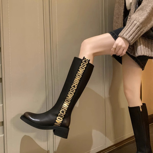 炸街神器~ins風厚底字母長靴時髦擦色高筒騎士靴潮酷法式長筒靴女