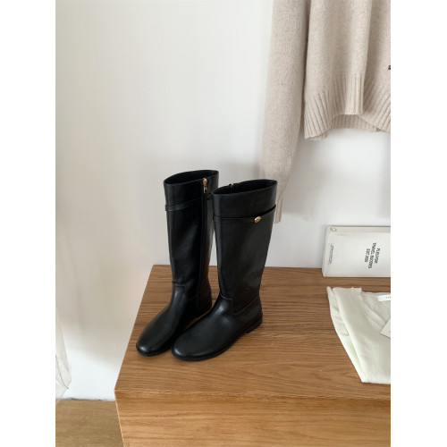 韓版時尚圓頭粗跟側拉鍊騎士靴女2025秋冬新款氣質百搭不過膝長靴