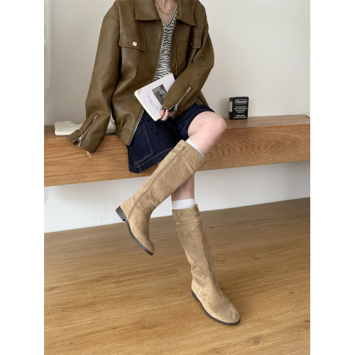 韓版時尚圓頭粗跟側拉鍊騎士靴女2025秋冬新款氣質百搭不過膝長靴