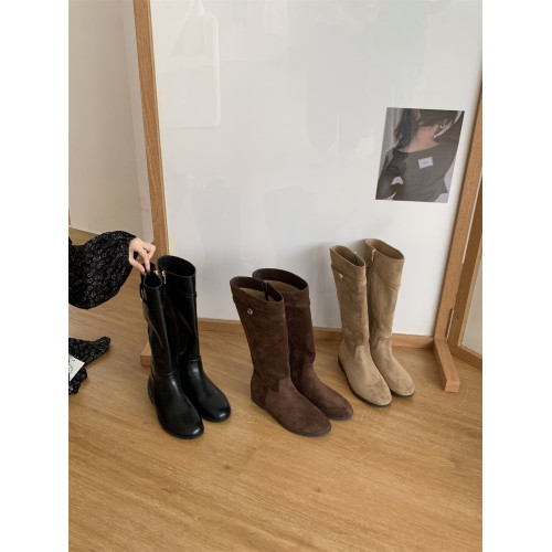 韓版時尚圓頭粗跟側拉鍊騎士靴女2025秋冬新款氣質百搭不過膝長靴