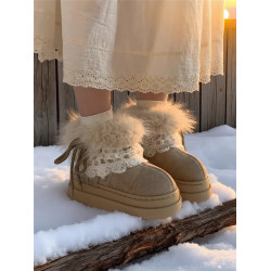 細細條 費爾島毛毛雪地靴女冬季百搭增高厚底加絨保暖短靴子棉鞋