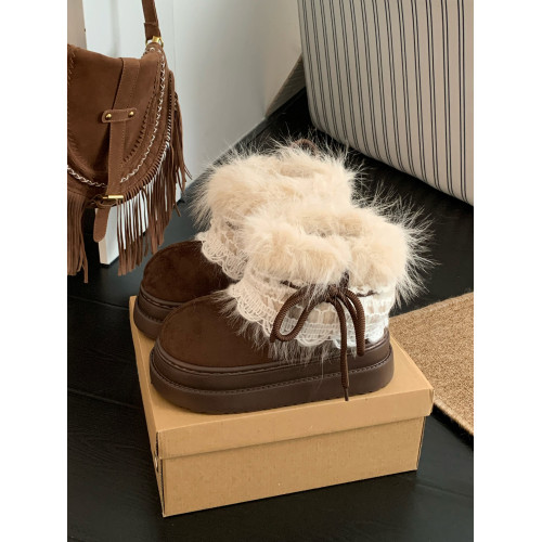 細細條 費爾島毛毛雪地靴女冬季百搭增高厚底加絨保暖短靴子棉鞋