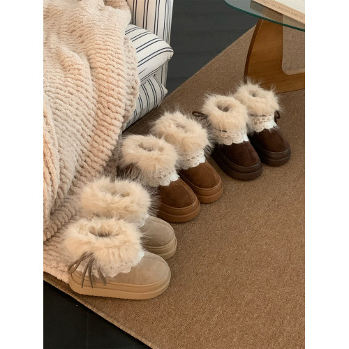 細細條 費爾島毛毛雪地靴女冬季百搭增高厚底加絨保暖短靴子棉鞋