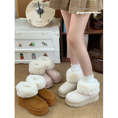 赤道情書厚底雪地靴女2025冬季新款百搭皮毛一體加絨短筒保暖棉鞋