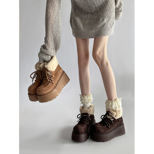 時尚部落磨砂復古短筒雪地靴女2025年秋冬新款加絨毛毛厚底大棉鞋