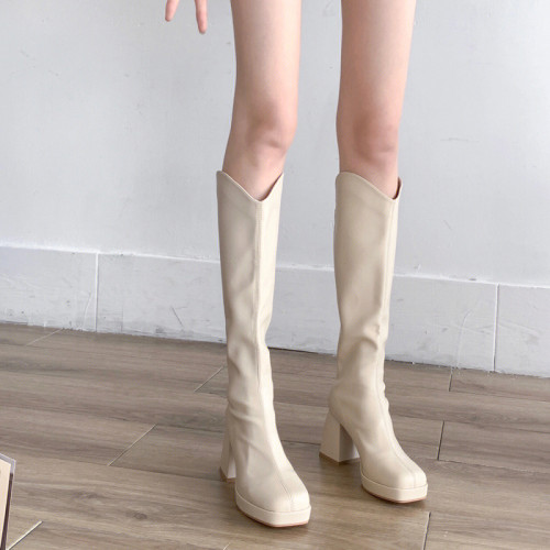 超顯瘦~增高百搭！白色高跟防水台V口靴子小個子長筒靴女粗跟厚底