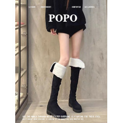 保暖膝蓋！一靴兩穿真的可以！POPO羊羔毛雪地靴加絨黑色過膝長靴