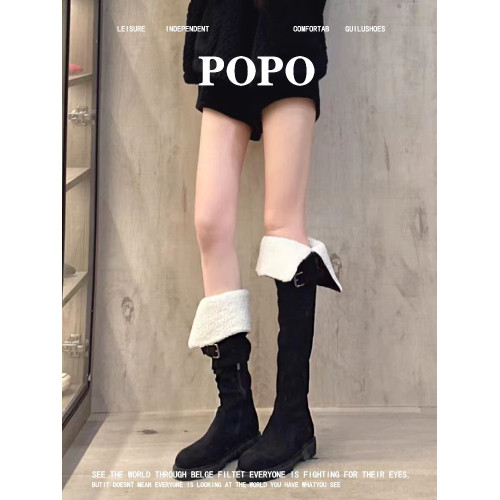保暖膝蓋!一靴兩穿真的可以!POPO羊羔毛雪地靴加絨黑色過膝長靴 保暖膝蓋!一靴兩穿真的可以!POPO羊羔毛雪地靴加絨黑色過膝長靴