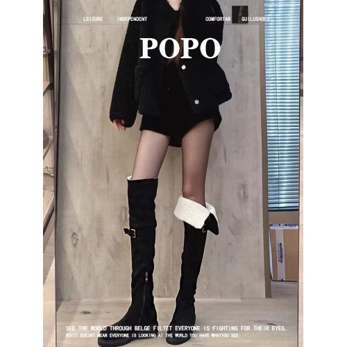 保暖膝蓋!一靴兩穿真的可以!POPO羊羔毛雪地靴加絨黑色過膝長靴 保暖膝蓋!一靴兩穿真的可以!POPO羊羔毛雪地靴加絨黑色過膝長靴