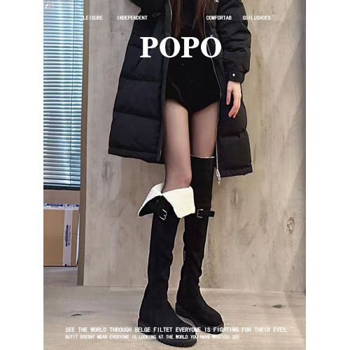 保暖膝蓋!一靴兩穿真的可以!POPO羊羔毛雪地靴加絨黑色過膝長靴 保暖膝蓋!一靴兩穿真的可以!POPO羊羔毛雪地靴加絨黑色過膝長靴