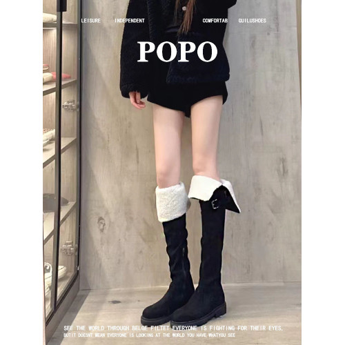 保暖膝蓋!一靴兩穿真的可以!POPO羊羔毛雪地靴加絨黑色過膝長靴 保暖膝蓋!一靴兩穿真的可以!POPO羊羔毛雪地靴加絨黑色過膝長靴