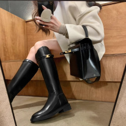 凱旋門長靴女2026年秋冬季新款美拉德高筒靴騎士靴女平底粗跟長靴