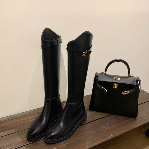 凱旋門長靴女2026年秋冬季新款美拉德高筒靴騎士靴女平底粗跟長靴