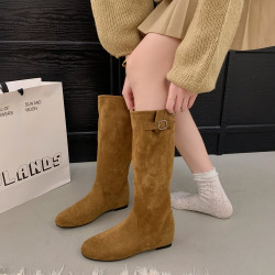 復古西部長筒靴女秋冬新款美拉德高筒騎士靴內增高褶皺堆堆高筒靴