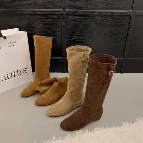 復古西部長筒靴女秋冬新款美拉德高筒騎士靴內增高褶皺堆堆高筒靴