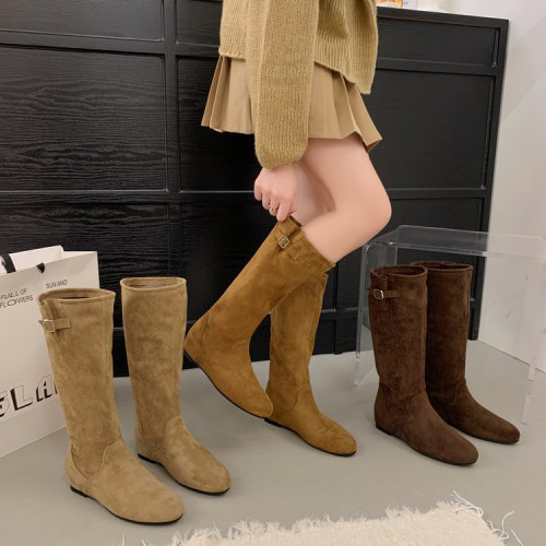 復古西部長筒靴女秋冬新款美拉德高筒騎士靴內增高褶皺堆堆高筒靴