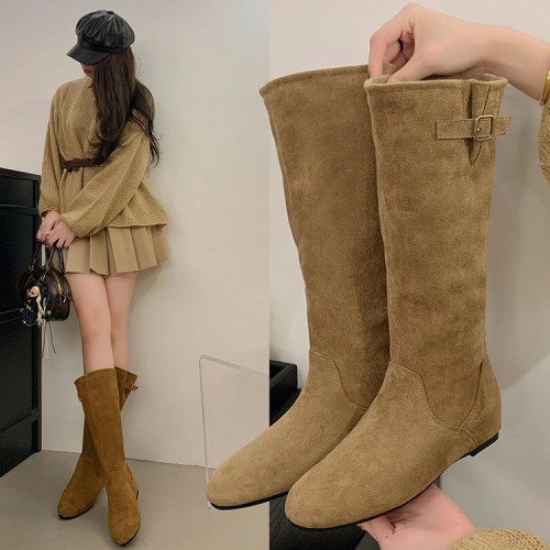 復古西部長筒靴女秋冬新款美拉德高筒騎士靴內增高褶皺堆堆高筒靴