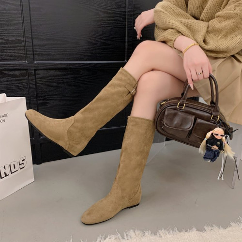 復古西部長筒靴女秋冬新款美拉德高筒騎士靴內增高褶皺堆堆高筒靴