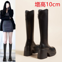 2025新款10cm高跟長靴女2023小個子增高長筒靴厚底粗跟高筒騎士靴