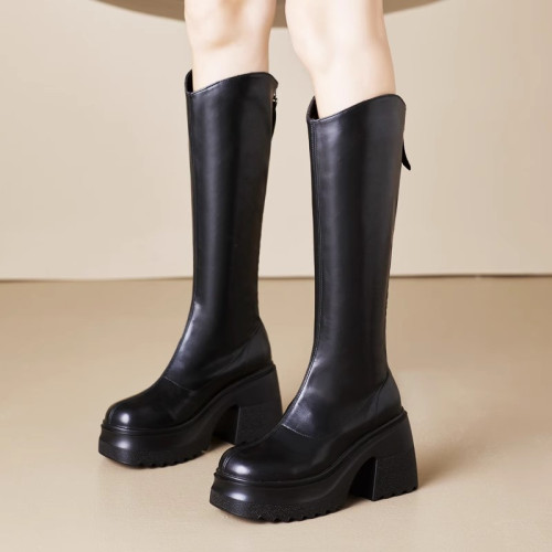 2025新款10cm高跟長靴女2023小個子增高長筒靴厚底粗跟高筒騎士靴