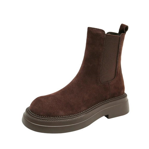 撤櫃品牌女鞋棕色厚底短靴女秋冬新款復古切爾西靴加絨平底馬丁靴 撤櫃品牌女鞋棕色厚底短靴女秋冬新款復古切爾西靴加絨平底馬丁靴