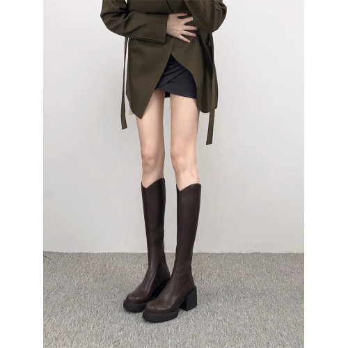 長靴女不過膝高跟厚底V口騎士靴粗跟高筒彈力瘦瘦靴小個子長筒靴