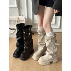 時尚復古辣妹褶皺感皮帶釦褲琯靴女2026秋冬新款圓頭長筒靴騎士靴