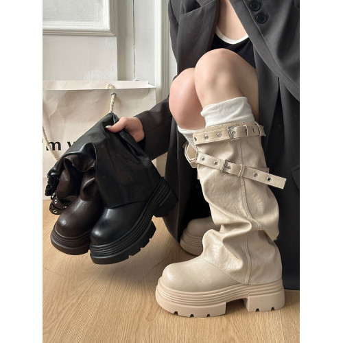 時尚復古辣妹褶皺感皮帶釦褲琯靴女2026秋冬新款圓頭長筒靴騎士靴 時尚復古辣妹褶皺感皮帶釦褲琯靴女2026秋冬新款圓頭長筒靴騎士靴