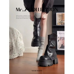 棕色美拉德厚底馬丁靴女款2025新款秋冬加絨短靴增高堆堆褲琯靴子