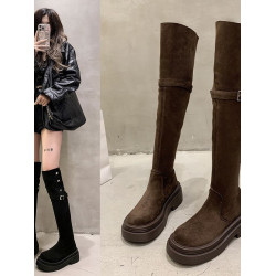 兩穿繙折厚底長筒靴子女2026年春秋四季新款粗跟過膝騎士靴歐美