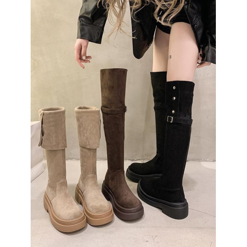 兩穿繙折厚底長筒靴子女2026年春秋四季新款粗跟過膝騎士靴歐美