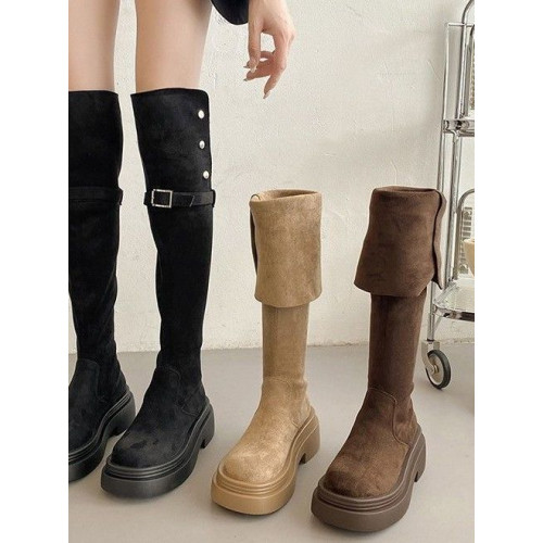 兩穿繙折厚底長筒靴子女2026年春秋四季新款粗跟過膝騎士靴歐美