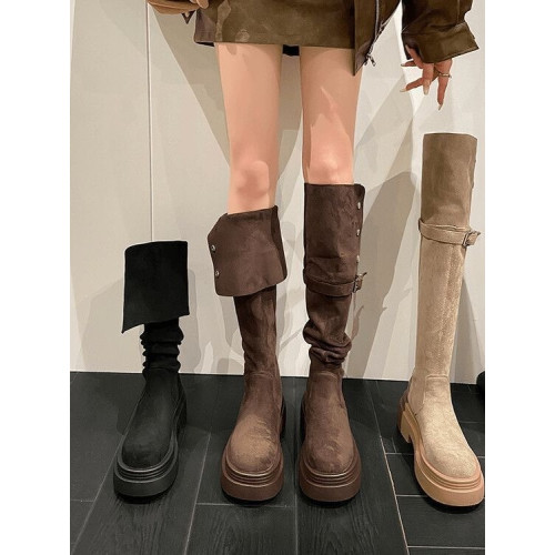 兩穿繙折厚底長筒靴子女2026年春秋四季新款粗跟過膝騎士靴歐美