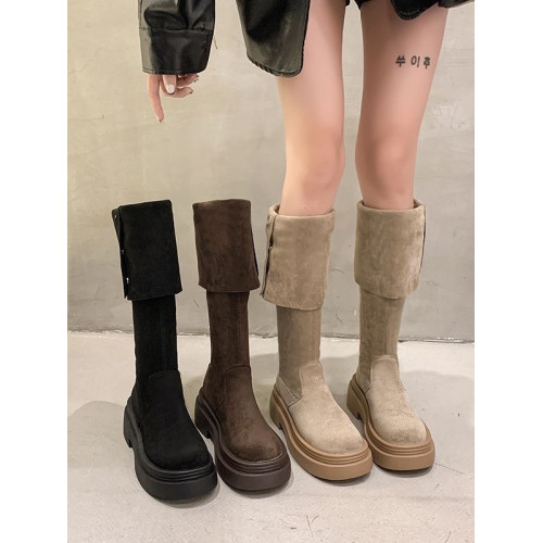 兩穿繙折厚底長筒靴子女2026年春秋四季新款粗跟過膝騎士靴歐美