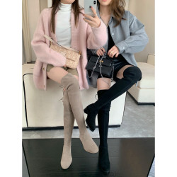 過膝長靴2025年秋冬款長筒顯腿長百搭彈力顯瘦歐美粗跟絨面靴子女