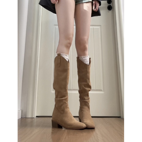 牛皮版~真皮小個子內增高8cm長筒靴女褶皺堆堆靴騎士靴西部牛仔靴