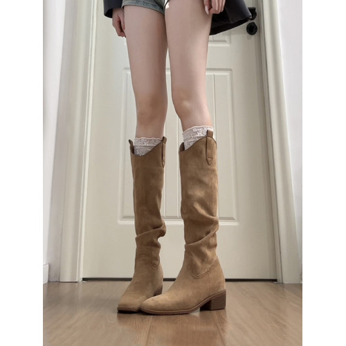 牛皮版~真皮小個子內增高8cm長筒靴女褶皺堆堆靴騎士靴西部牛仔靴