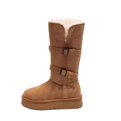 灰色加絨加厚底長筒雪地靴女2025冬季新款高筒可折繙兩穿保暖棉鞋