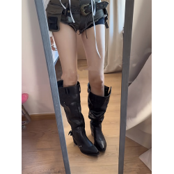 不過膝長靴女2025年秋季卡其色絨面尖頭靴子女粗跟顯瘦褶皺堆堆靴