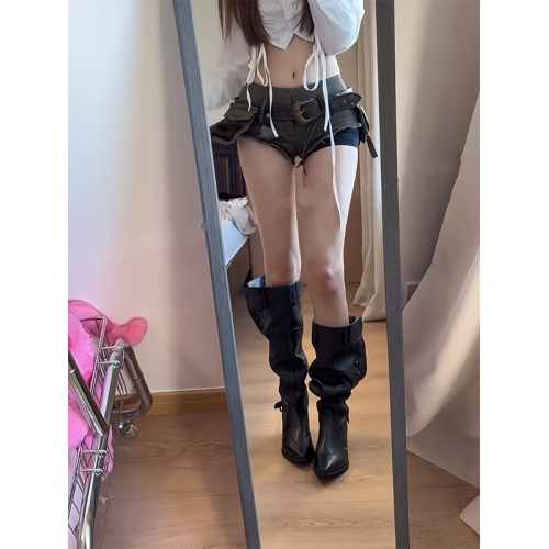 不過膝長靴女2025年秋季卡其色絨面尖頭靴子女粗跟顯瘦褶皺堆堆靴