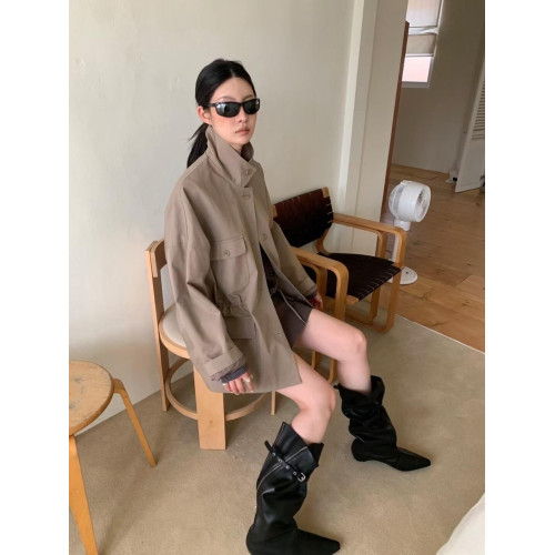 「羊皮版」韓國小衆拉鍊寬筒騎士靴女尖頭低跟長靴堆堆靴西部靴潮